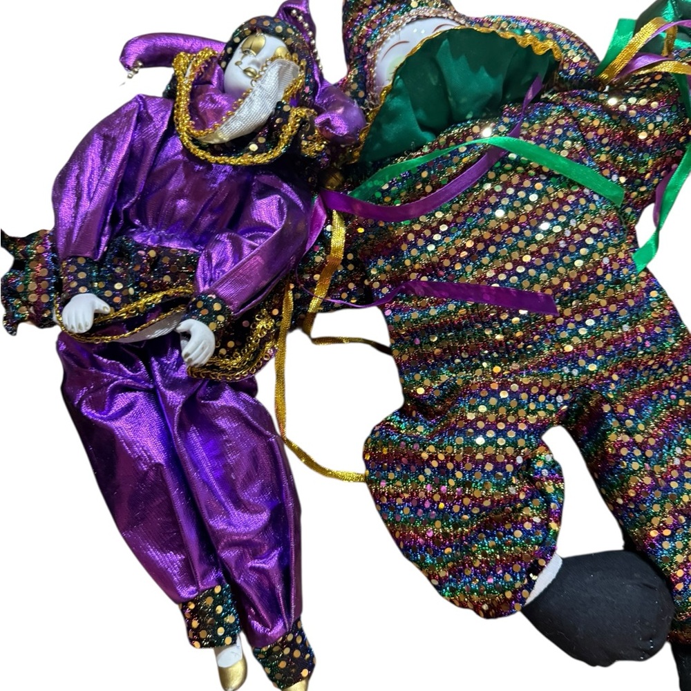 Vintage Mardi Gras Porcelain Jester Dolls Set Purple Green Gold Harlequin Clowns - Picture 4 of 6